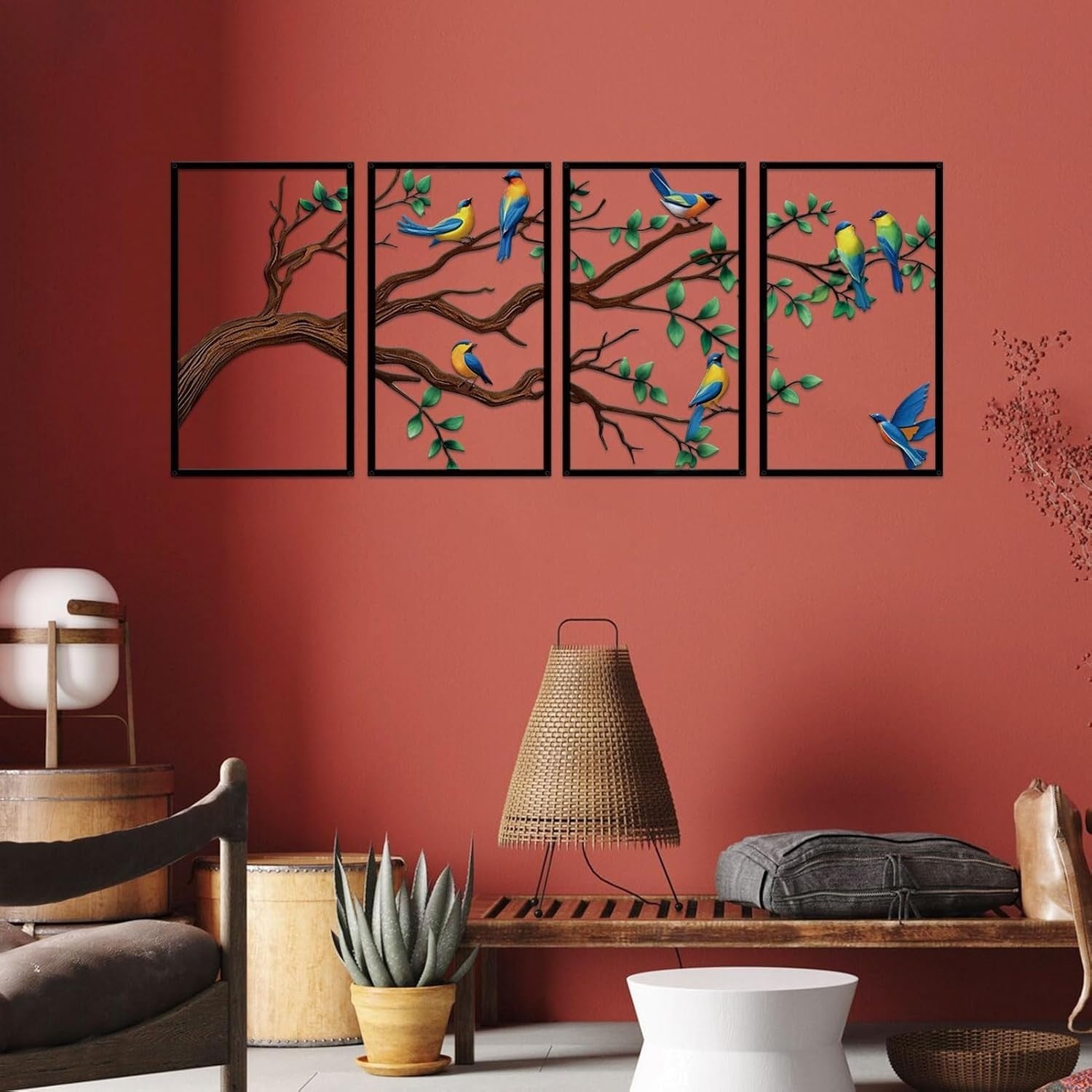 4Pc Metal Birds Branch Wall Art Tree of Life Outdoor Indoor Decor
