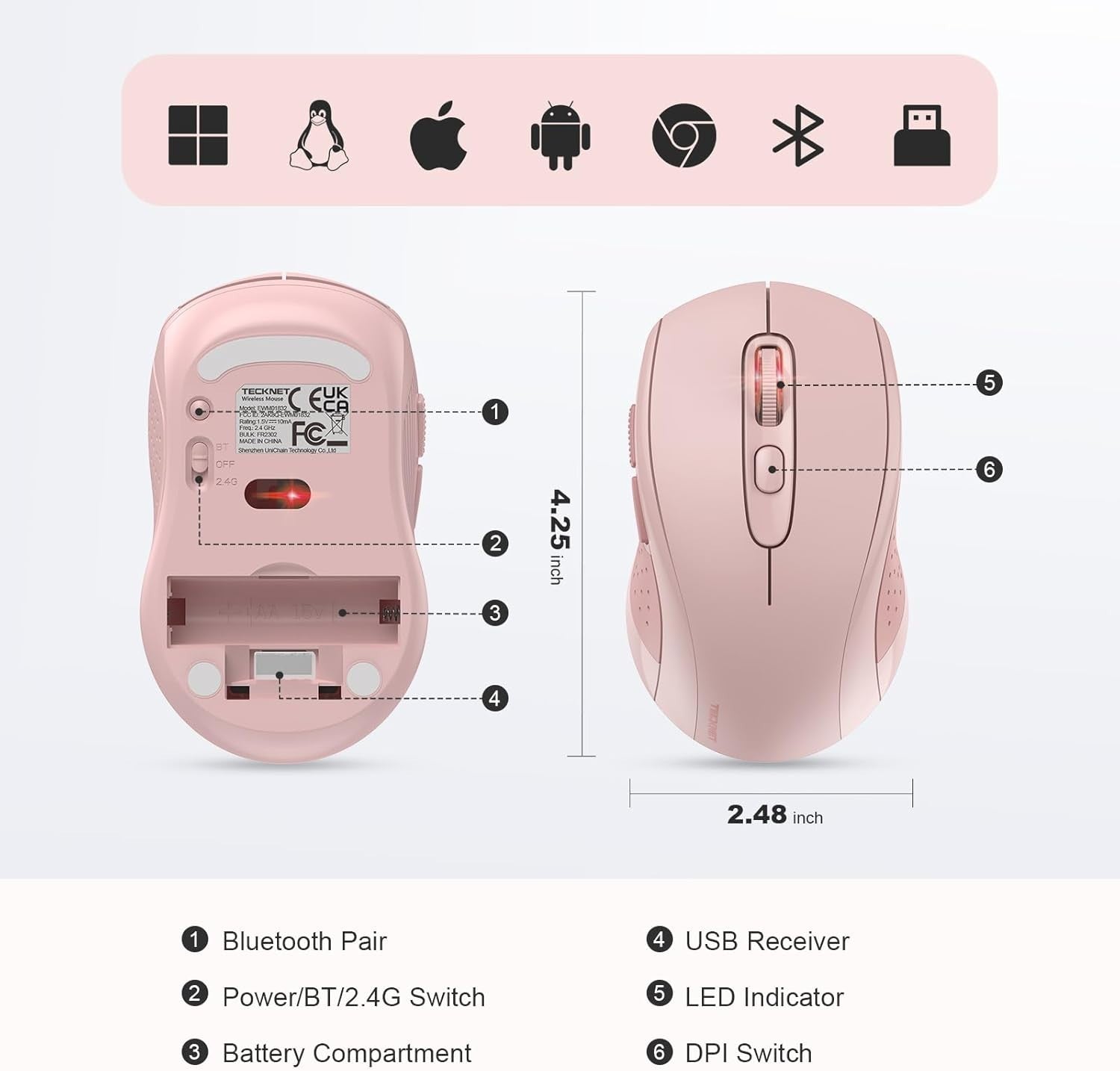 Silent Bluetooth Mouse 4000 DPI Dual Mode Long Battery Ergonomic Pink