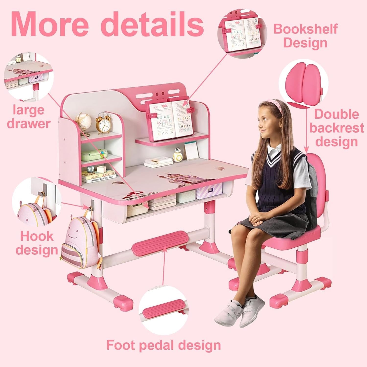 Adjustable Kids Study Table & Chair Set with Bookshelf, Drawer, Pink