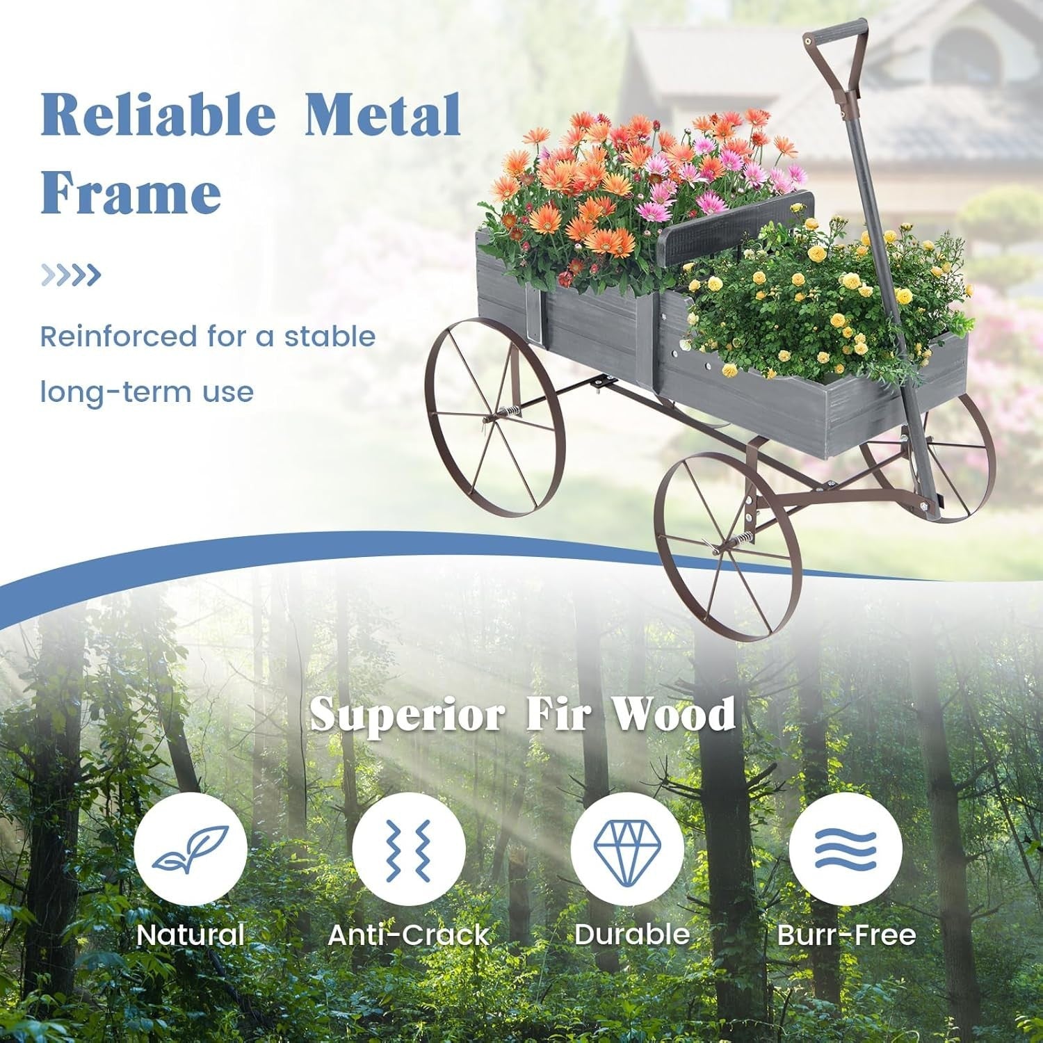 Decorative Wooden Garden Wagon Planter Cart with Wheels Rotatable Handle Grey
