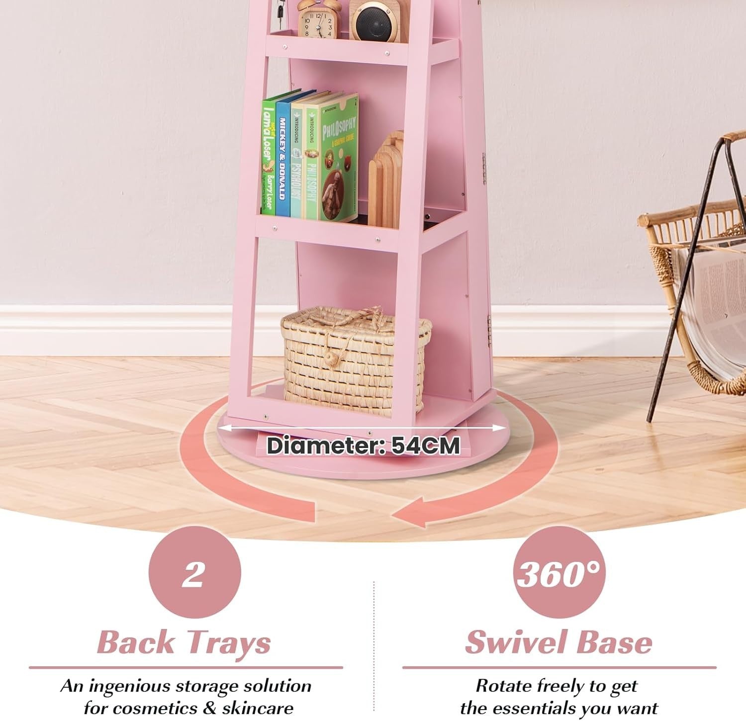 Pink 360° Swivel LED Jewelry Cabinet Mirror Lockable 3-Color Storage