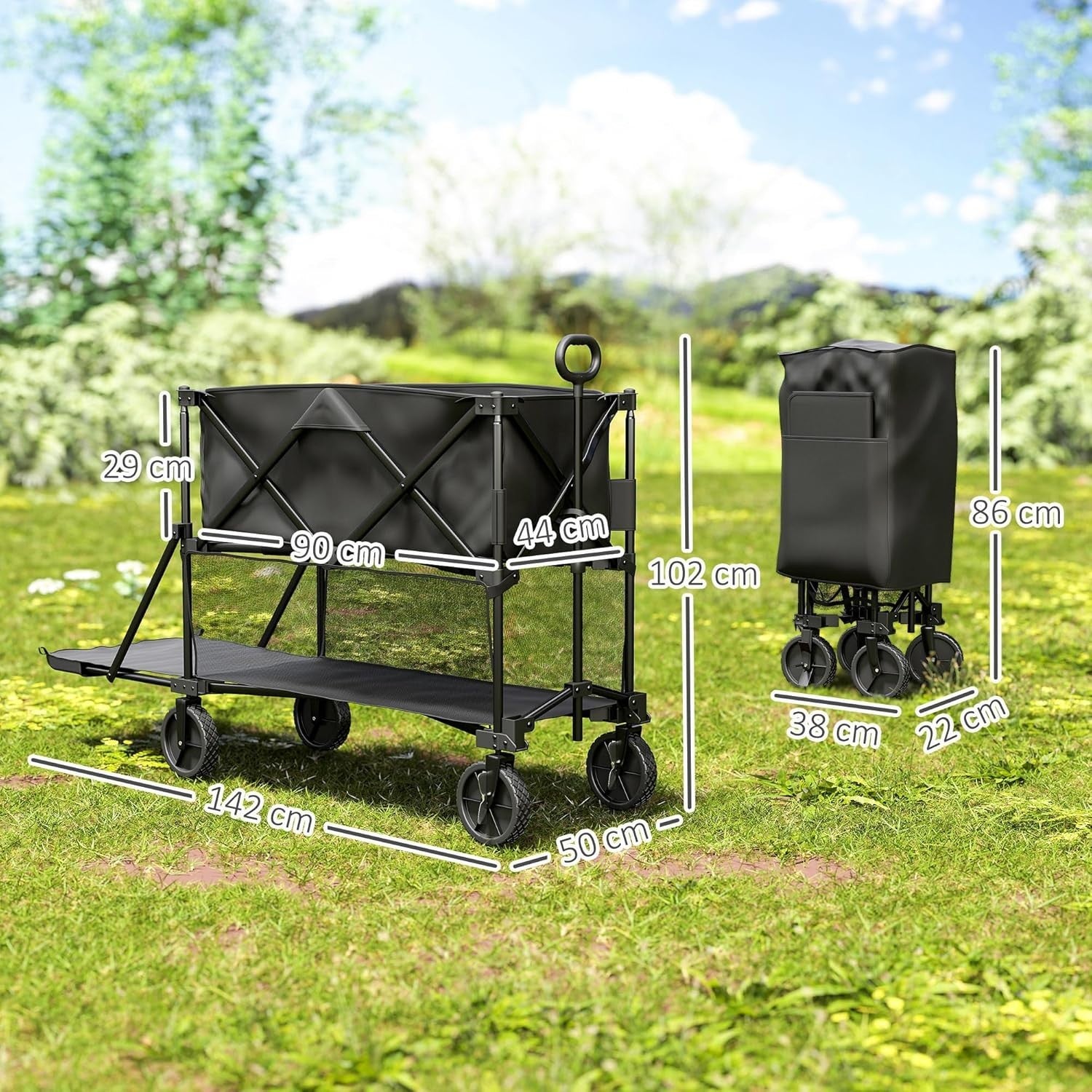 Black Double Decker Folding Festival Trolley 200kg Heavy Duty 350L Wagon Cart