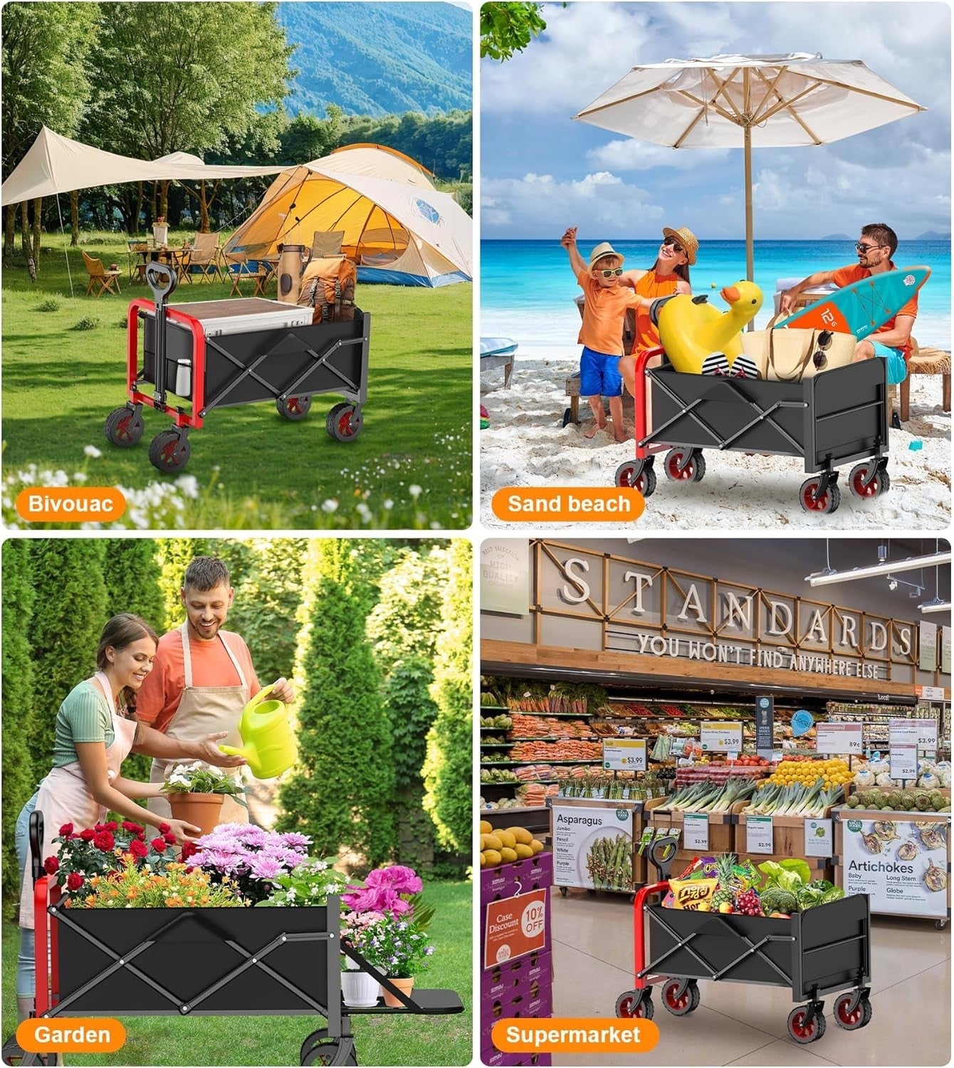 Black 200L Folding Camping Wagon Heavy Duty Festival Beach Garden Trolley 350lbs