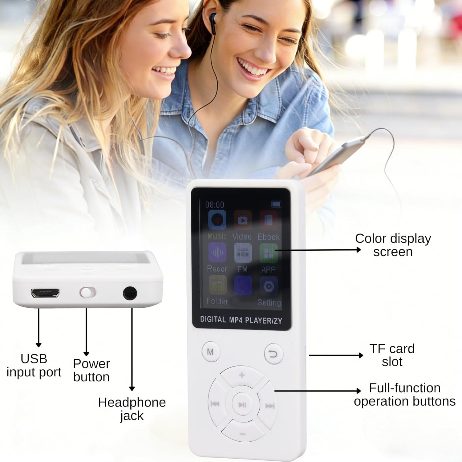 64GB Bluetooth 5.0 MP3 MP4 Player 1.8" LCD FM Radio White