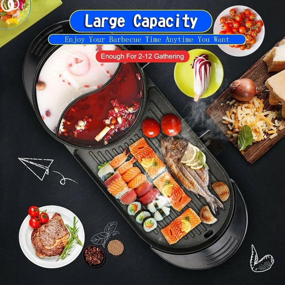 2 in 1 Electric Hot Pot & Grill Non-Stick Teppanyaki BBQ Pan Adjustable Heat