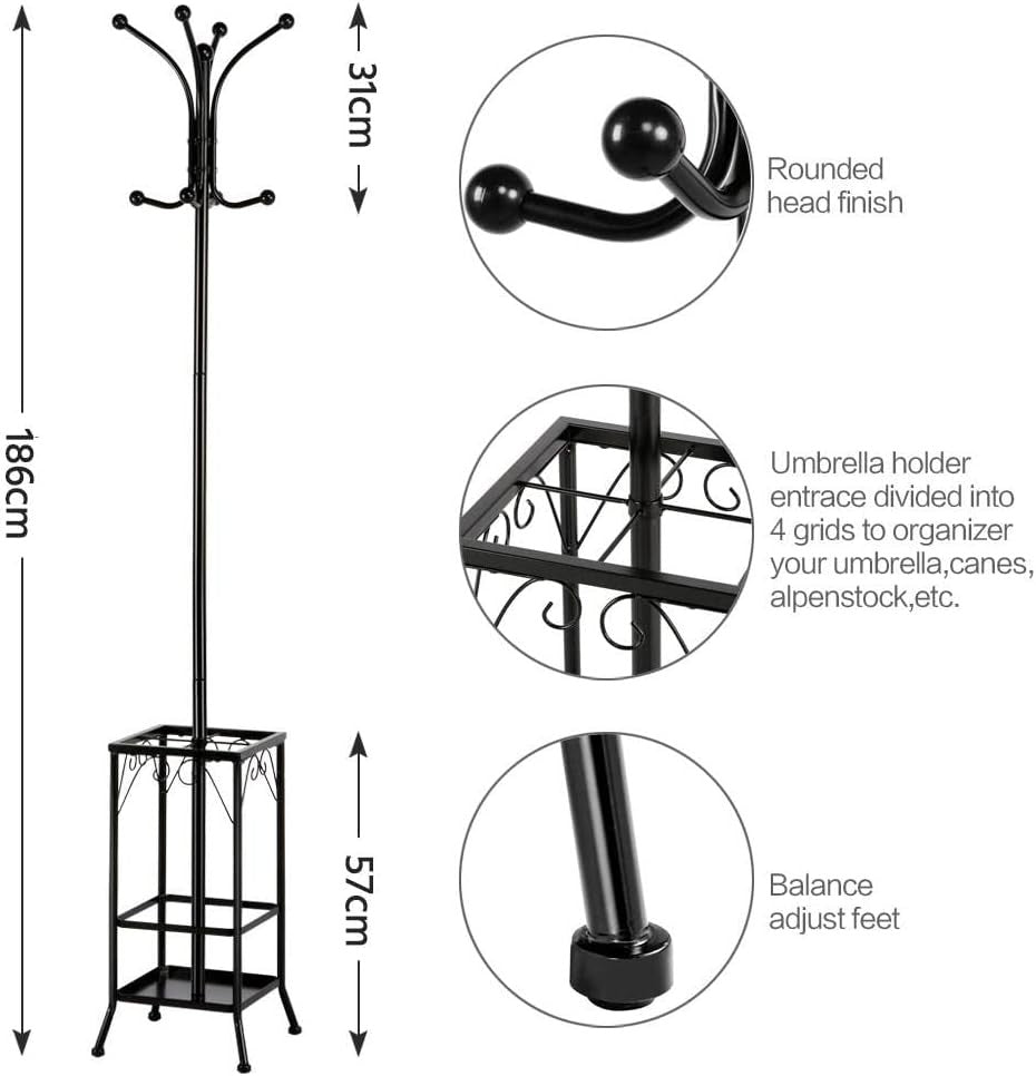 Metal Coat Rack Stand with Umbrella Holder | 8 Hooks Free Standing Tree