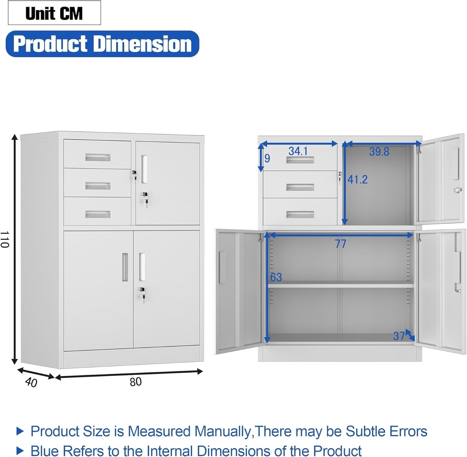 Steel Storage Cabinet with 3 Locking Doors & Drawers 110x80x40cm for Office