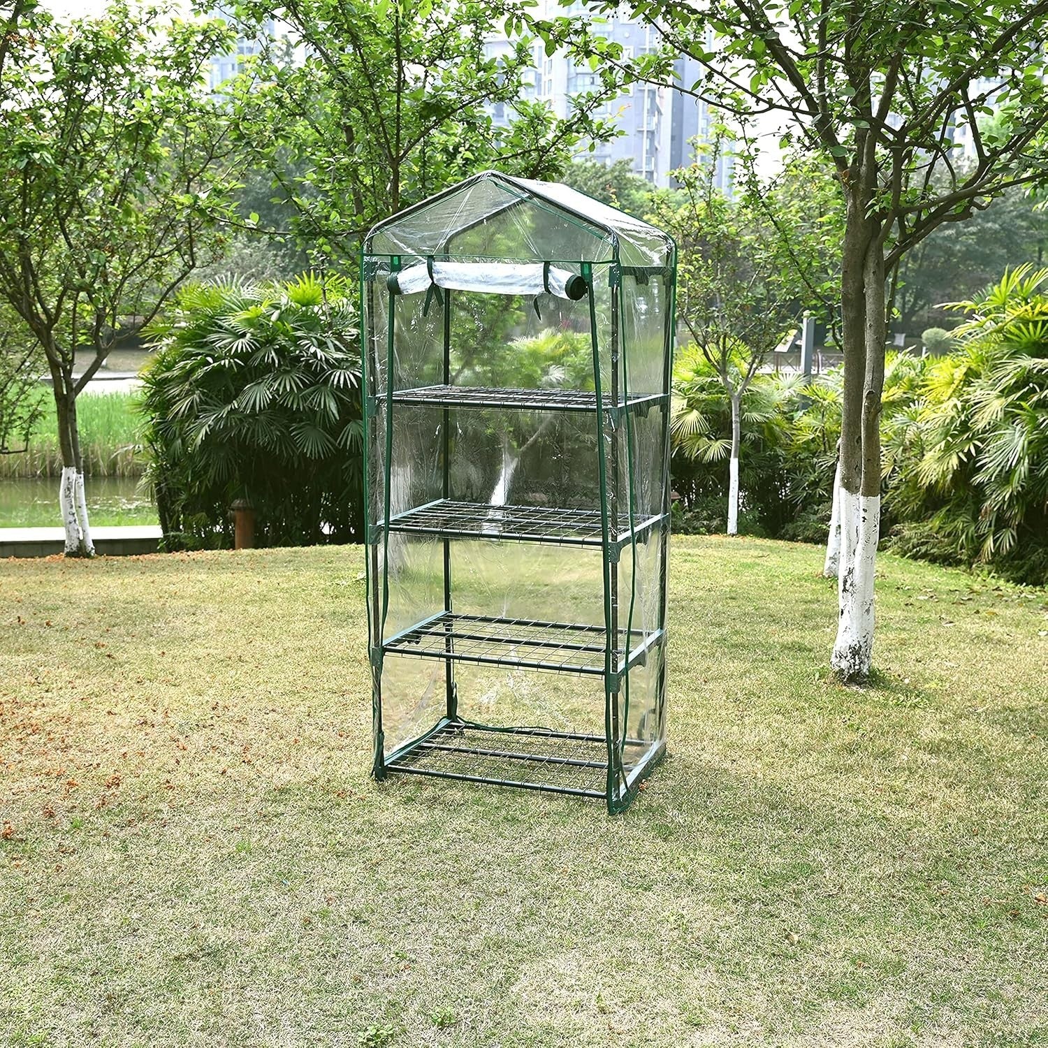 4-Tier Mini Greenhouse | Compact PVC Plant House | Roll-Up Zip Door | Iron Frame