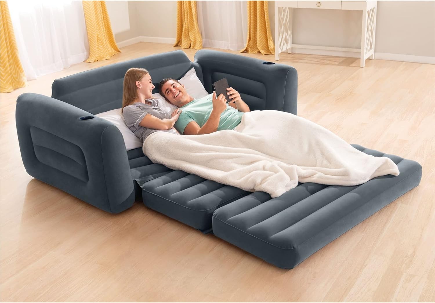 Queen Inflatable Sofa Bed 2-in-1 Air Grey Mattress Waterproof Flocked Top