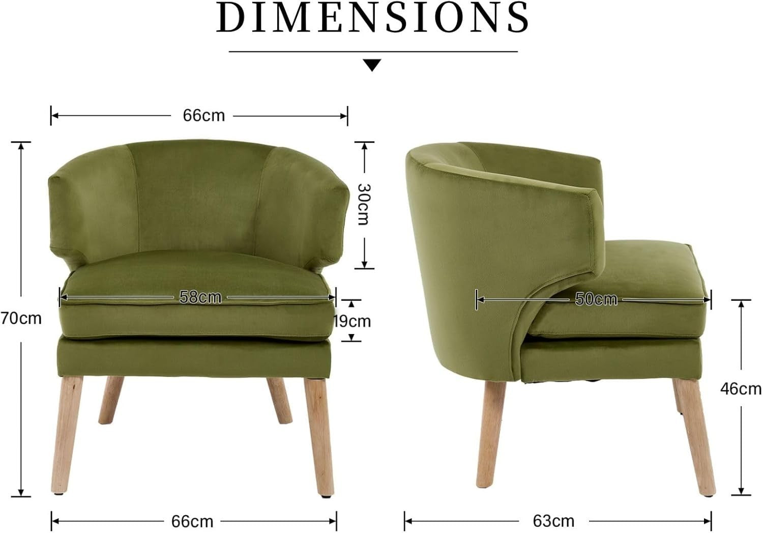 Green Velvet Tub Chair Wooden Legs Lounge Armchair for Bedroom Living Room