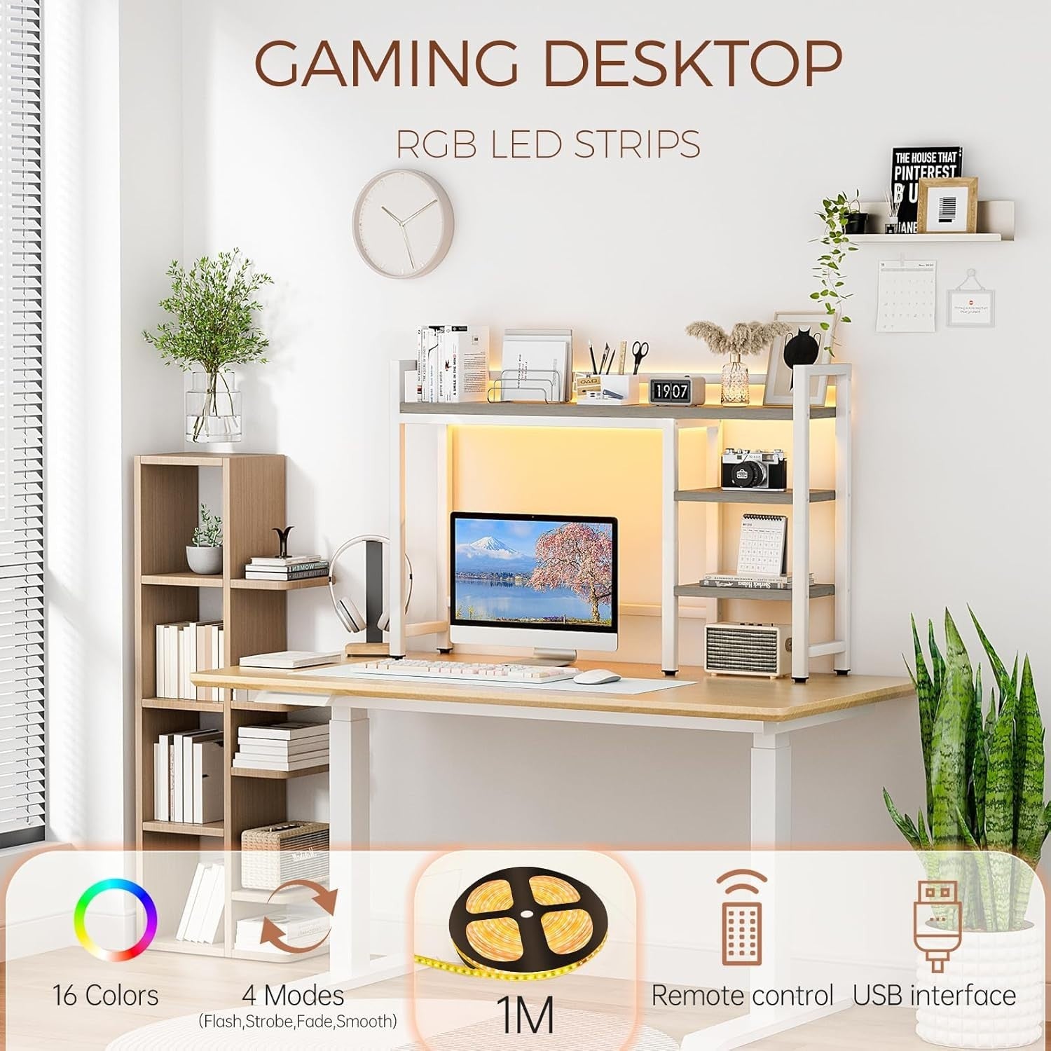 4-Tier Desk Hutch Shelf with RGB Lights 38.5" Desktop Organizer Monitor Storage