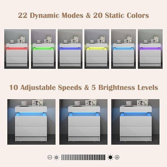 Set of 2 High Gloss LED Bedside Tables – RGB Lights, Remote Control & 2 Drawers