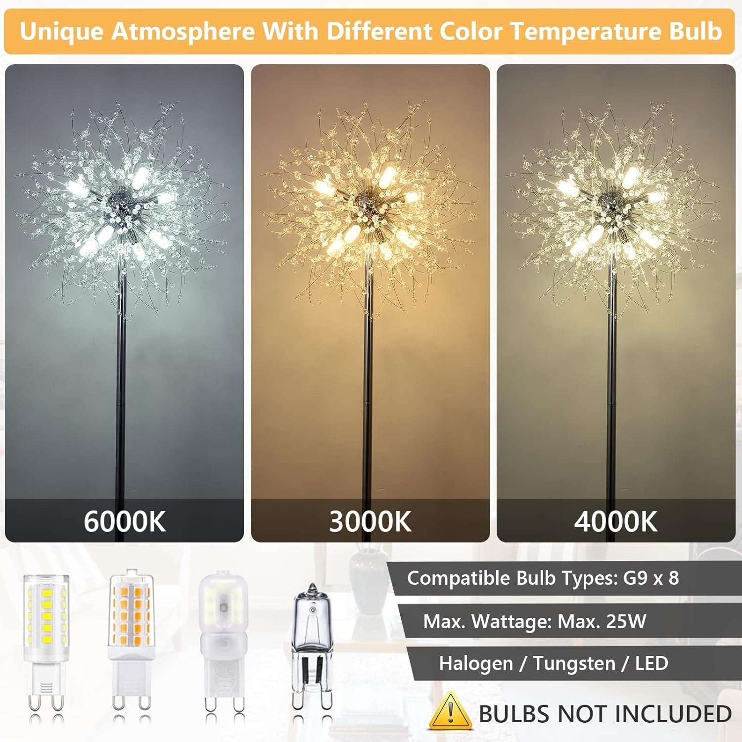 Modern Crystal Floor Lamp Chrome, 8-Light Firework Design, 170cm Tall
