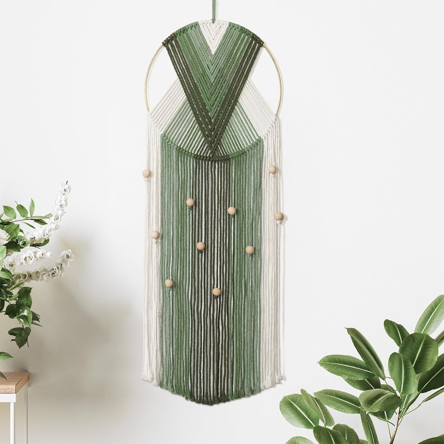 Beige Green Macrame Wall Hanging 25x71cm Boho Tassel Tapestry Decor