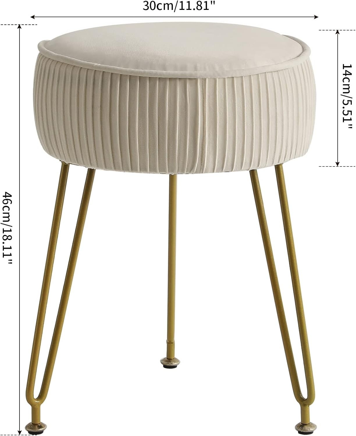 Cream Velvet Round Footrest Ottoman – Vanity Stool with Golden Steel Legs