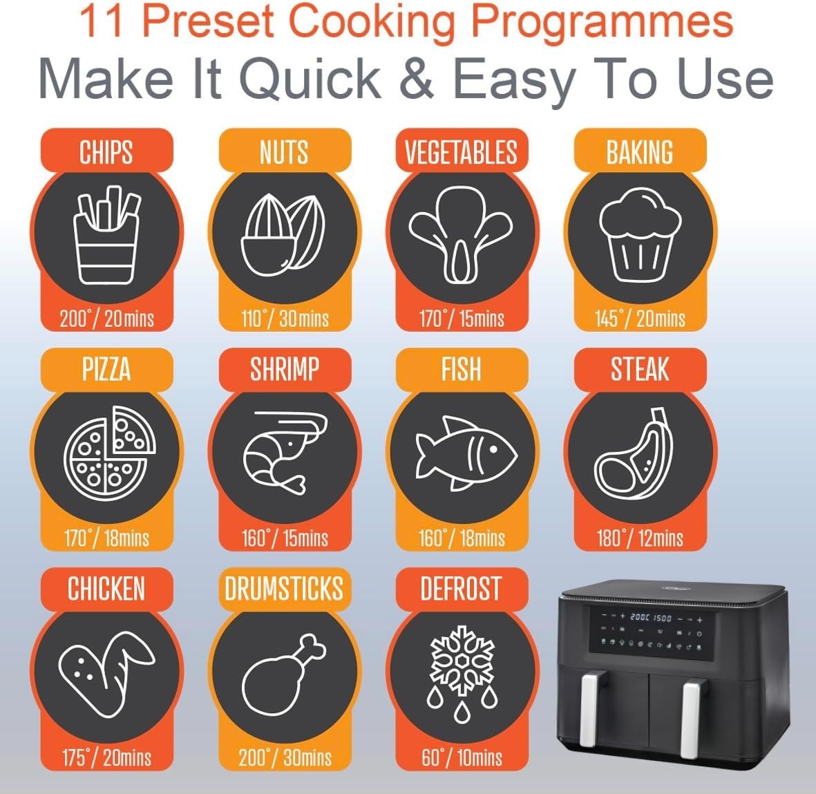 Dual Air Fryer 9L | Twin Zone, Presets, LED Touch, Non-Stick, 60-Min Timer
