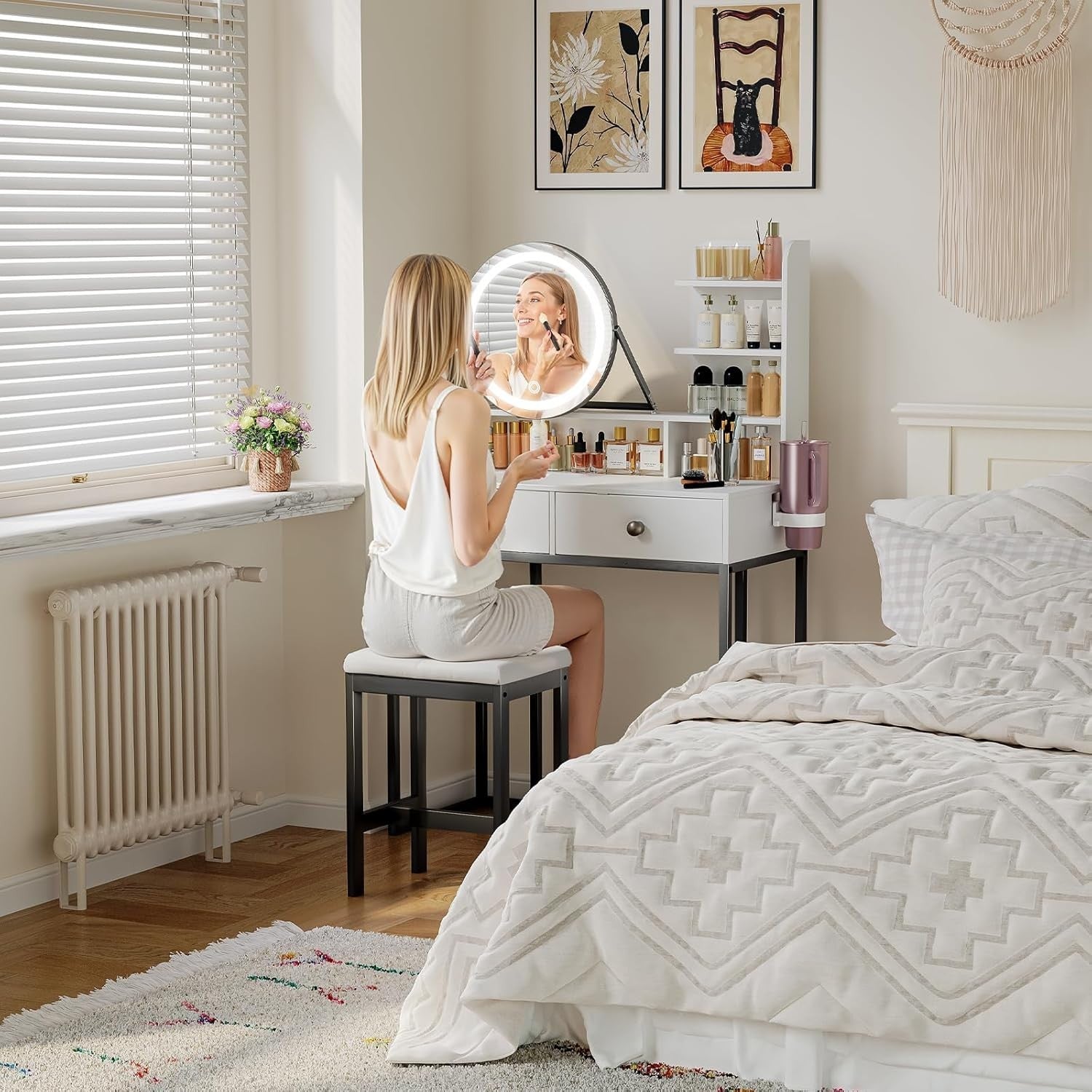 Vanity Dressing Table Desk Set w/ LED Mirror Storage Drawers Stool White/Black