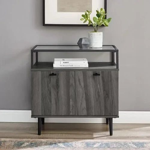 Slate Grey Sideboard Cabinet with Glass Top Shelf & Hidden Storage Unit