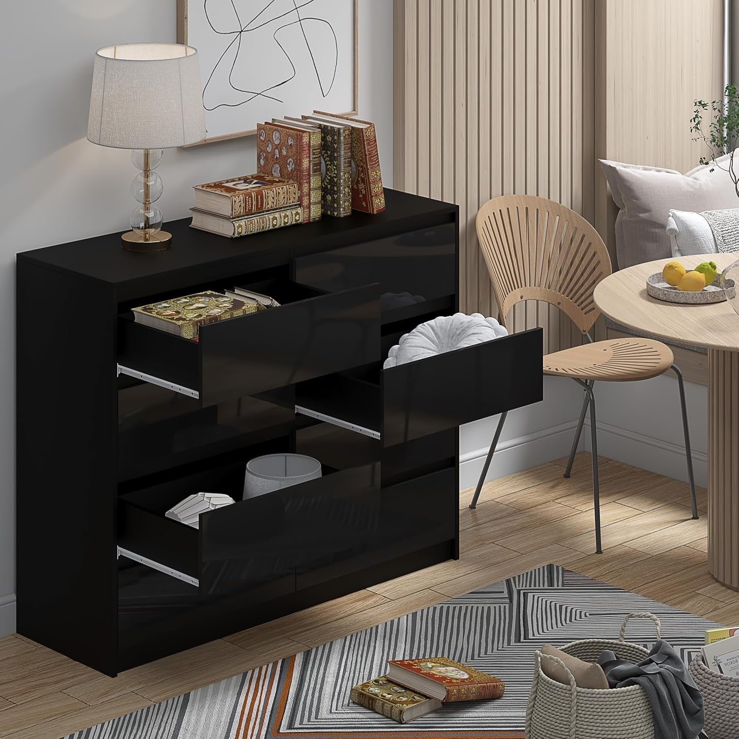 8 Drawer High Gloss Black Sideboard Chest - Modern Storage, Bedroom & Office