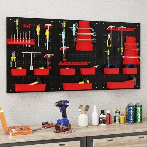 Customizable Wall-Mount Pegboard Kit 3PCS 120x60cm Alloy Steel Black+Red