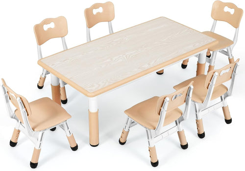 Kids Table and 6 Chairs Adjustable Height Study Dining Playroom Furniture Yellow