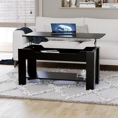 Lift Up Coffee Table with Hidden Storage & Shelf – Modern Black, 100x48cm