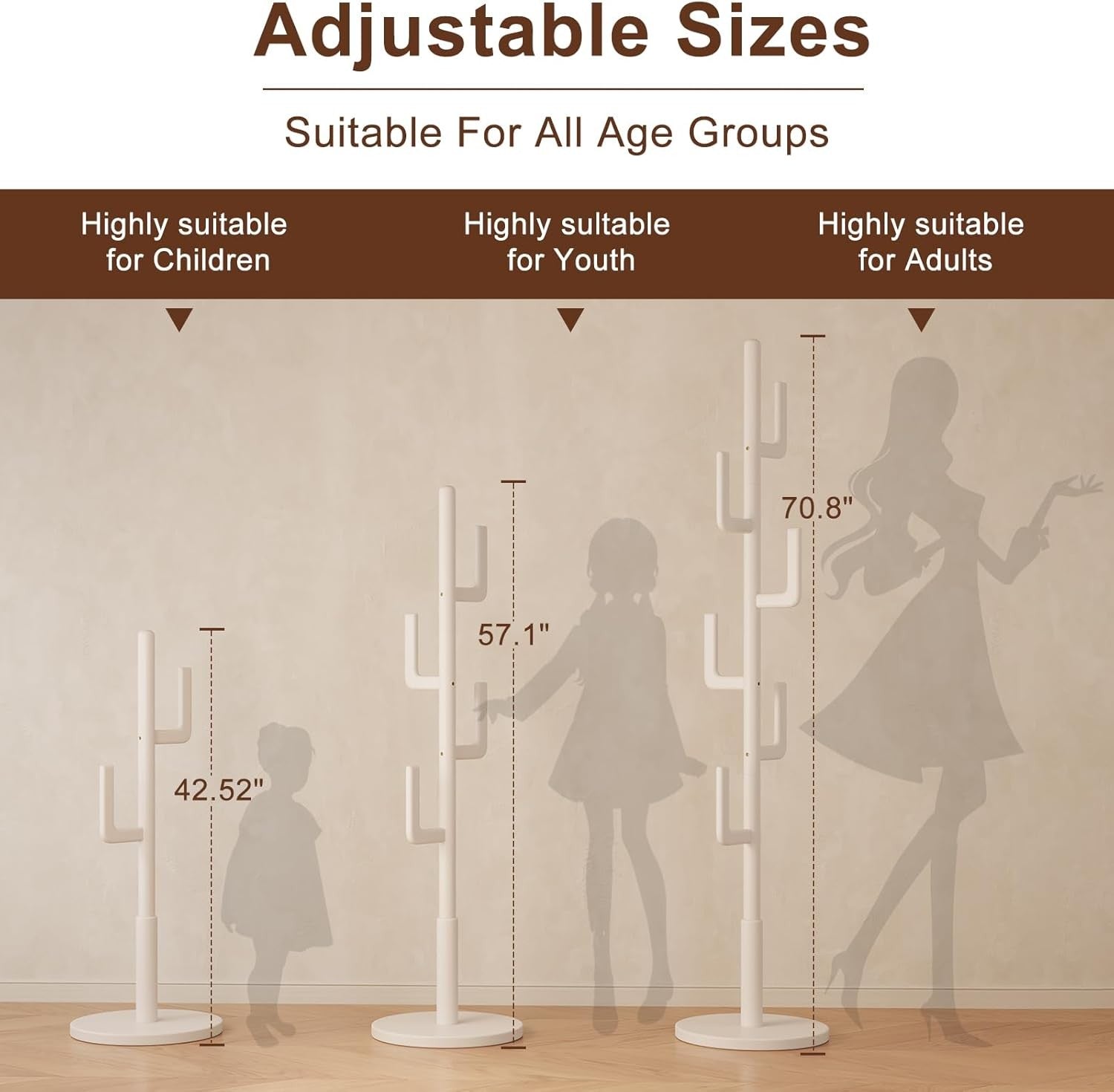 White Wooden Coat Rack 6 Hooks Cactus Design Freestanding Hall Tree Stand