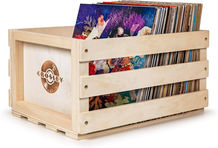 Rustic Wooden Record Storage Crate with Handles Holds 75 Albums