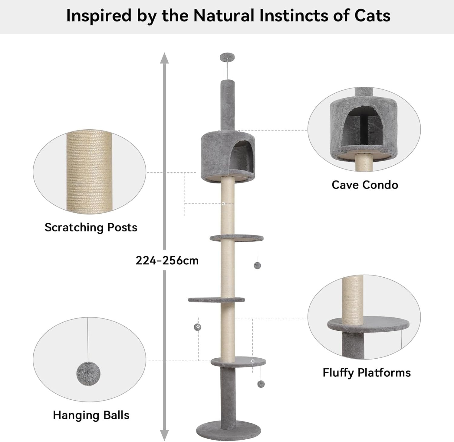 Floor to Ceiling Cat Tree 260cm Adjustable Tower Scratching Post Condo