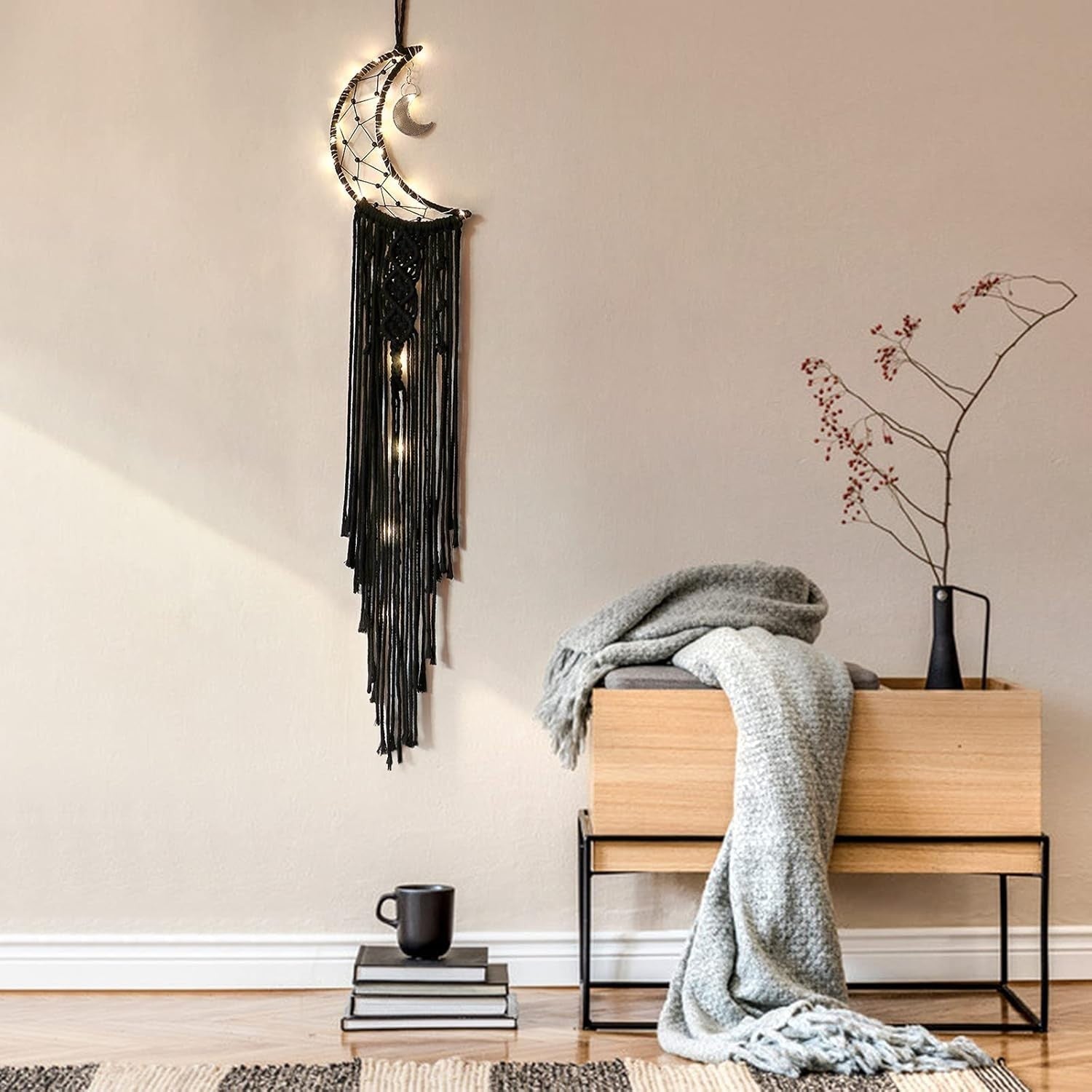 Boho Moon Macrame Wall Hanging 32” Cotton Cord + DIY String Lights