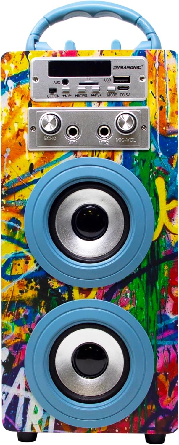 Blue DYNASONIC Karaoke Machine 2 Mics Portable Bluetooth Speaker w/ Lights