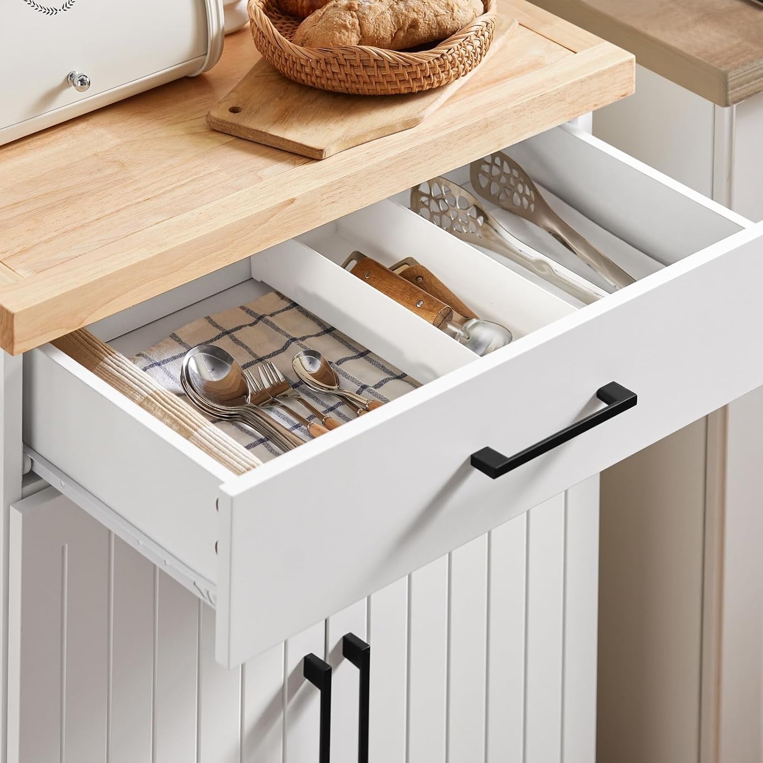 Rolling Kitchen Trolley Cart with Rubberwood Worktop, Drawer & Cabinet Storage