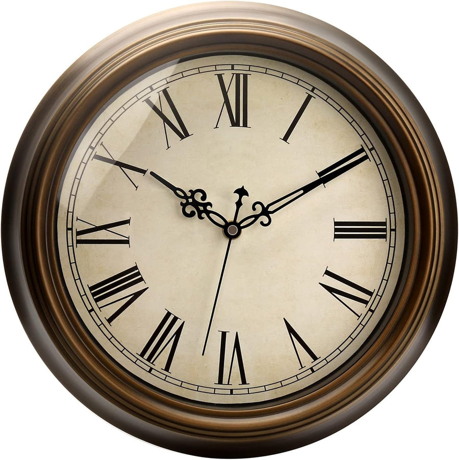 Vintage Metal Wall Clock 13" Silent Non-Ticking Brown Roman Numeral Home Decor
