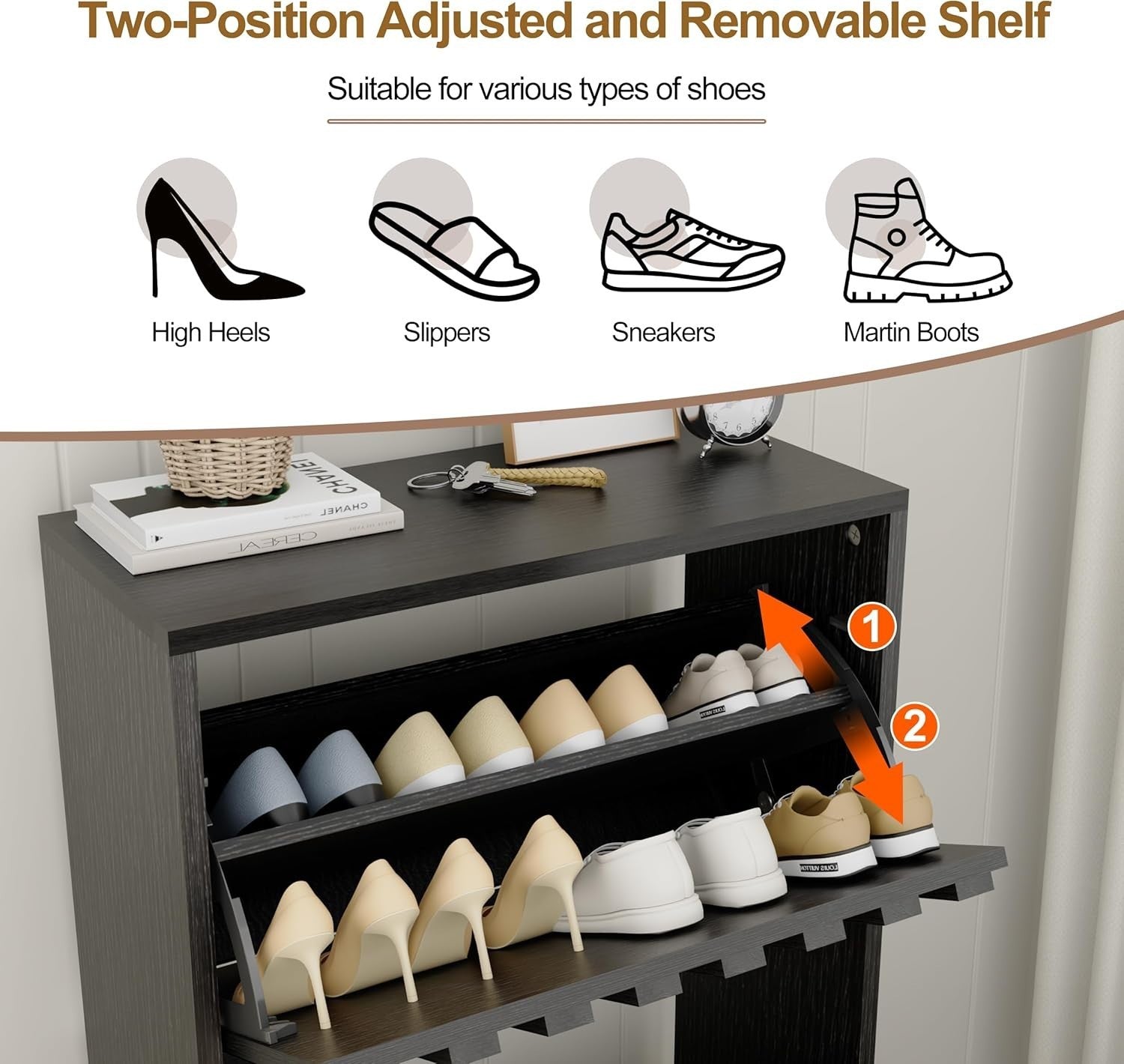 Slim Wooden Shoe Storage Cabinet with 2 Flip Drawers & Ventilated Doors