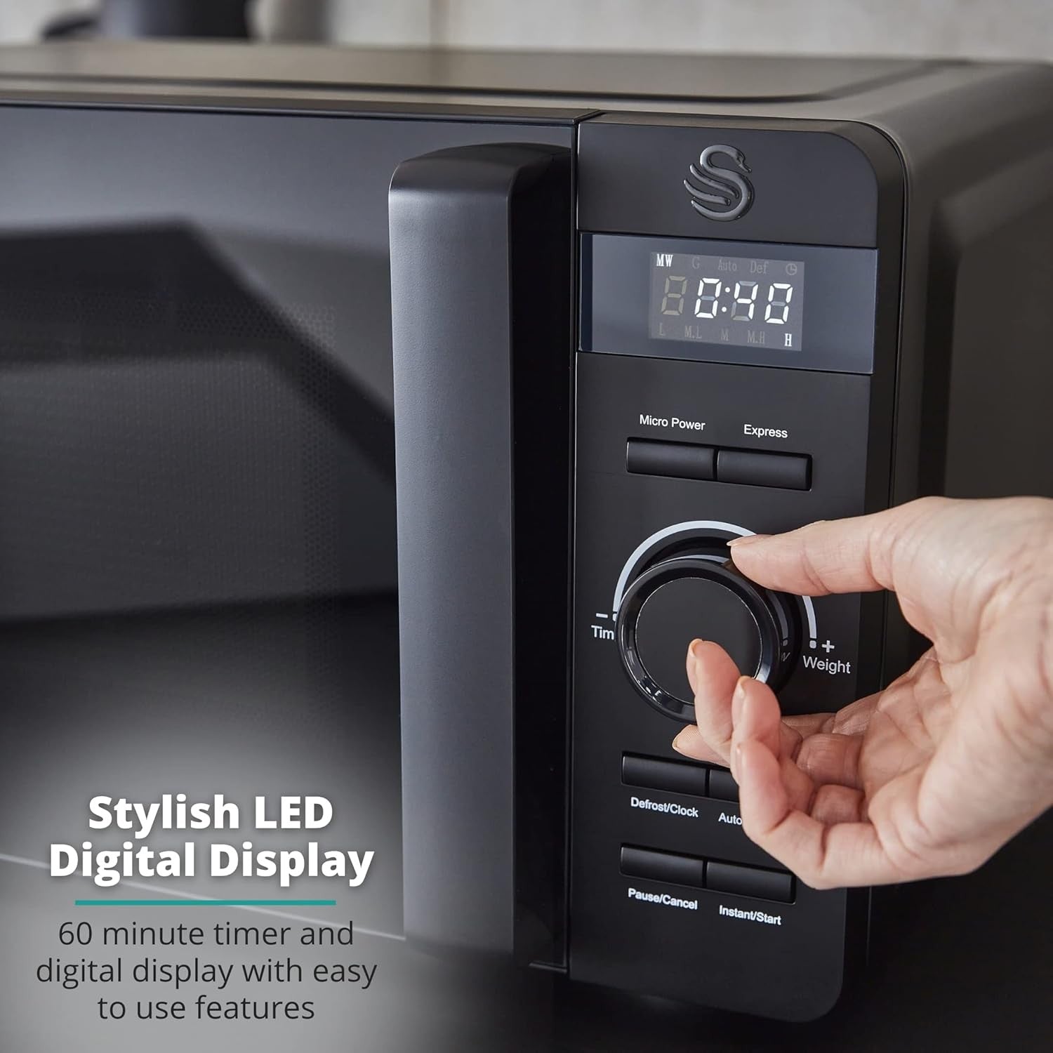 20L Digital Microwave 800W LED Defrost Glass Turntable Matte Black