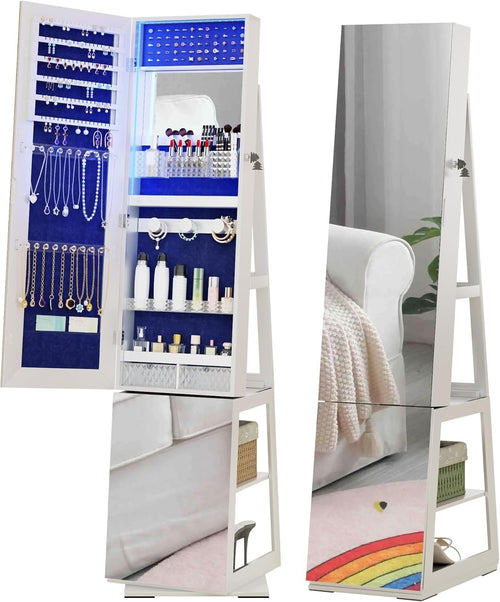 360° Swivel Jewelry Armoire Full Length Mirror LED Storage Cabinet White