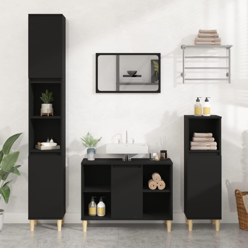 Black Under Sink Bathroom Cabinet with Door & Shelves | Modern Vanity Storage Un