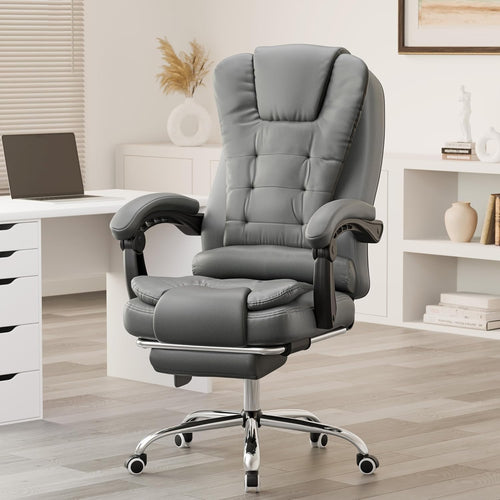 Ergonomic Massage Office Chair Recliner Footrest Gaming Desk Seat Grey