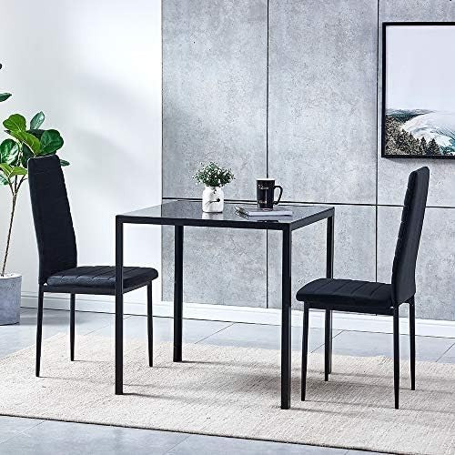 Black 3-Piece Glass Dining Set with 2 Velvet Chairs for Small Kitchen