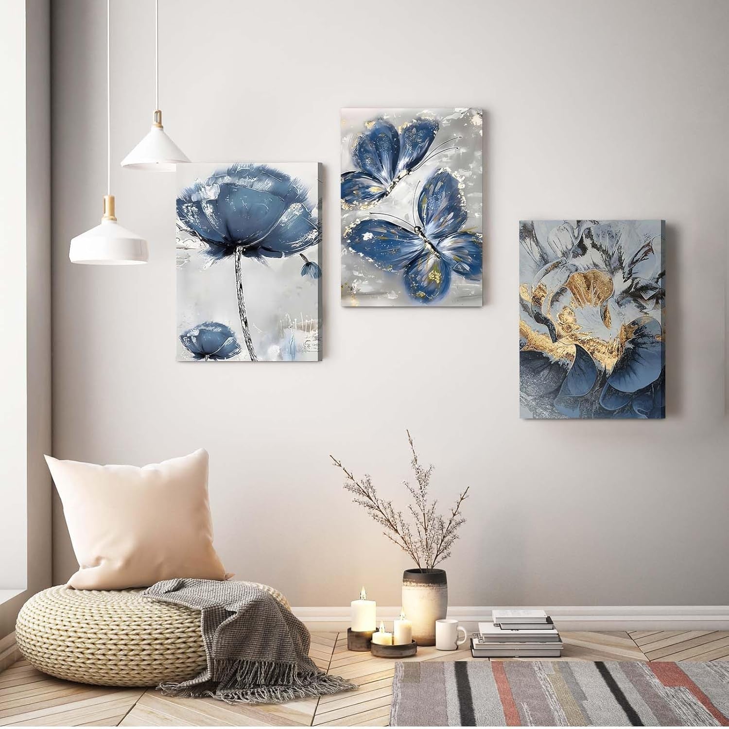Blue Floral Butterfly Canvas Wall Art Set of 3 Framed Prints 12x16 Decor
