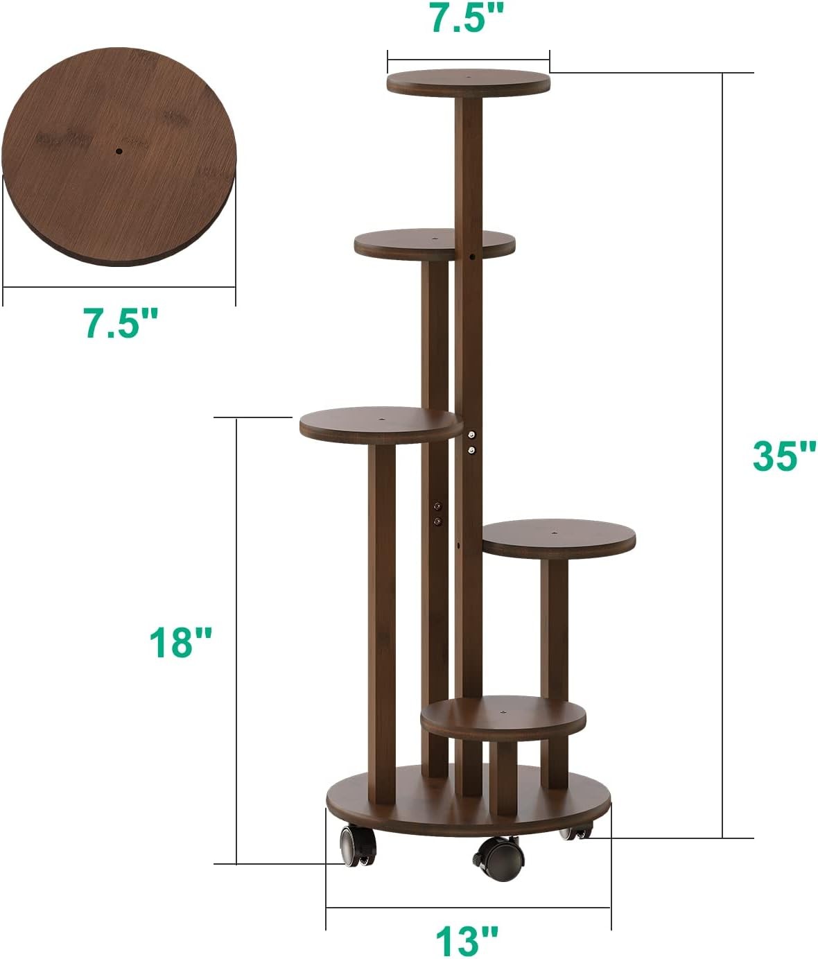 5 Tier Bamboo Plant Stand with Wheels Indoor Outdoor Corner Tall Flower Rack