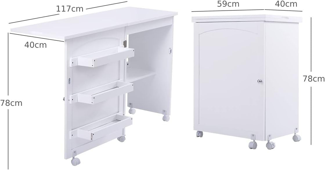 Folding Sewing Table 117cm Mobile Craft Desk with Wheels & Storage White