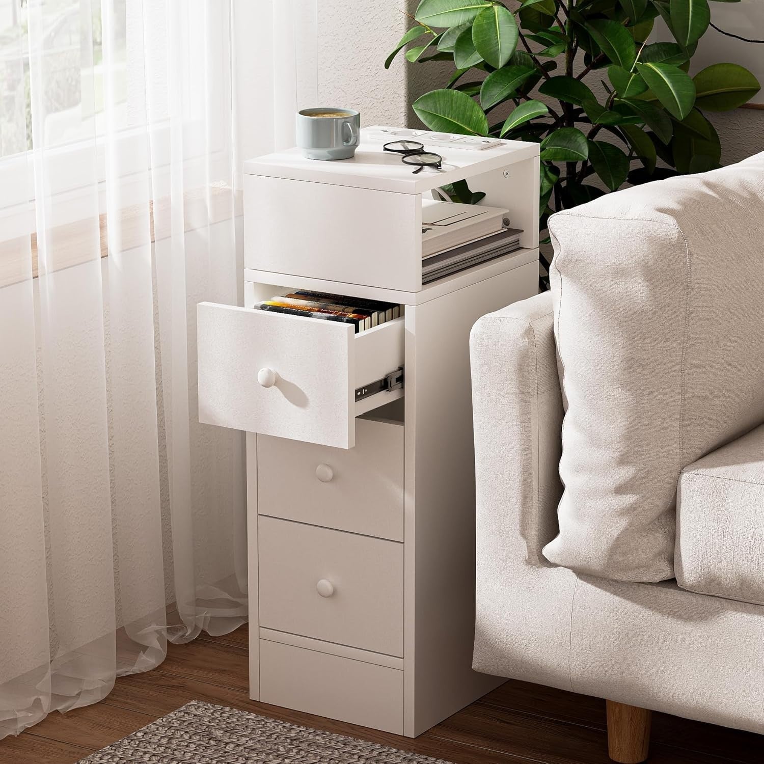 Slim White 3 Drawer Bedside Table with Charging Station | Modern Bedroom Storage