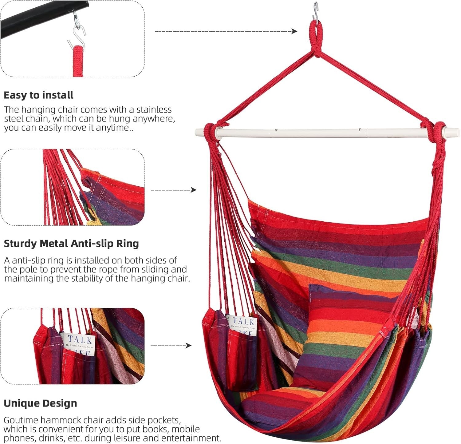 Hammock Chair Swing with Cushions | Indoor Outdoor Seat | 330lbs Max