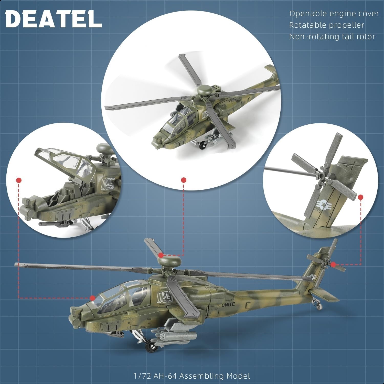 1:72 Scale AH-64 Apache Army Helicopter Model Kit | Military Toy Assembly Set