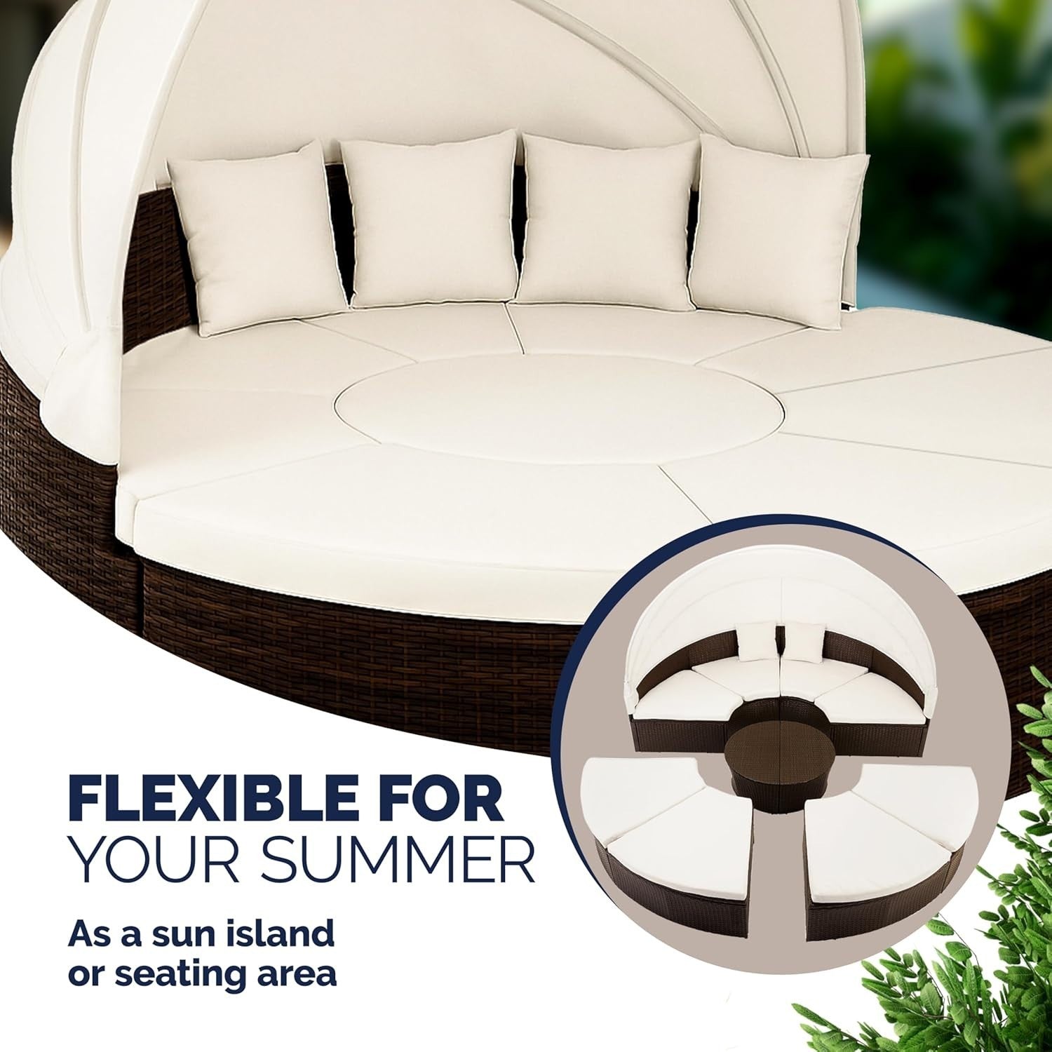 230cm Rattan Garden Sun Island with Canopy & Table – Outdoor Daybed Set