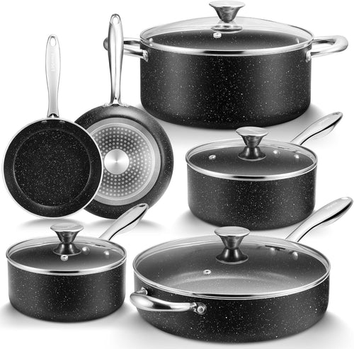 10pcs Black Non-Stick Cookware Set, Induction & Oven Safe Large Capacity Pans