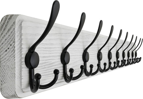 Weathered White Wooden Wall Coat Rack 38" | Heavy Duty 10 Hook Rustic Organizer
