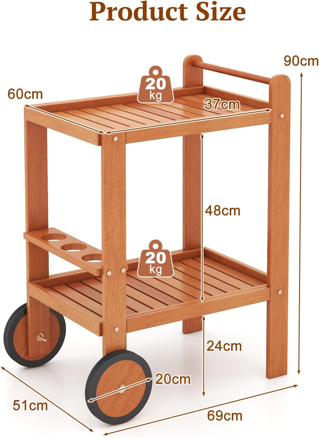 2 Tier Wooden Serving Trolley Bar Cart on Wheels with Wine Bottle Holders