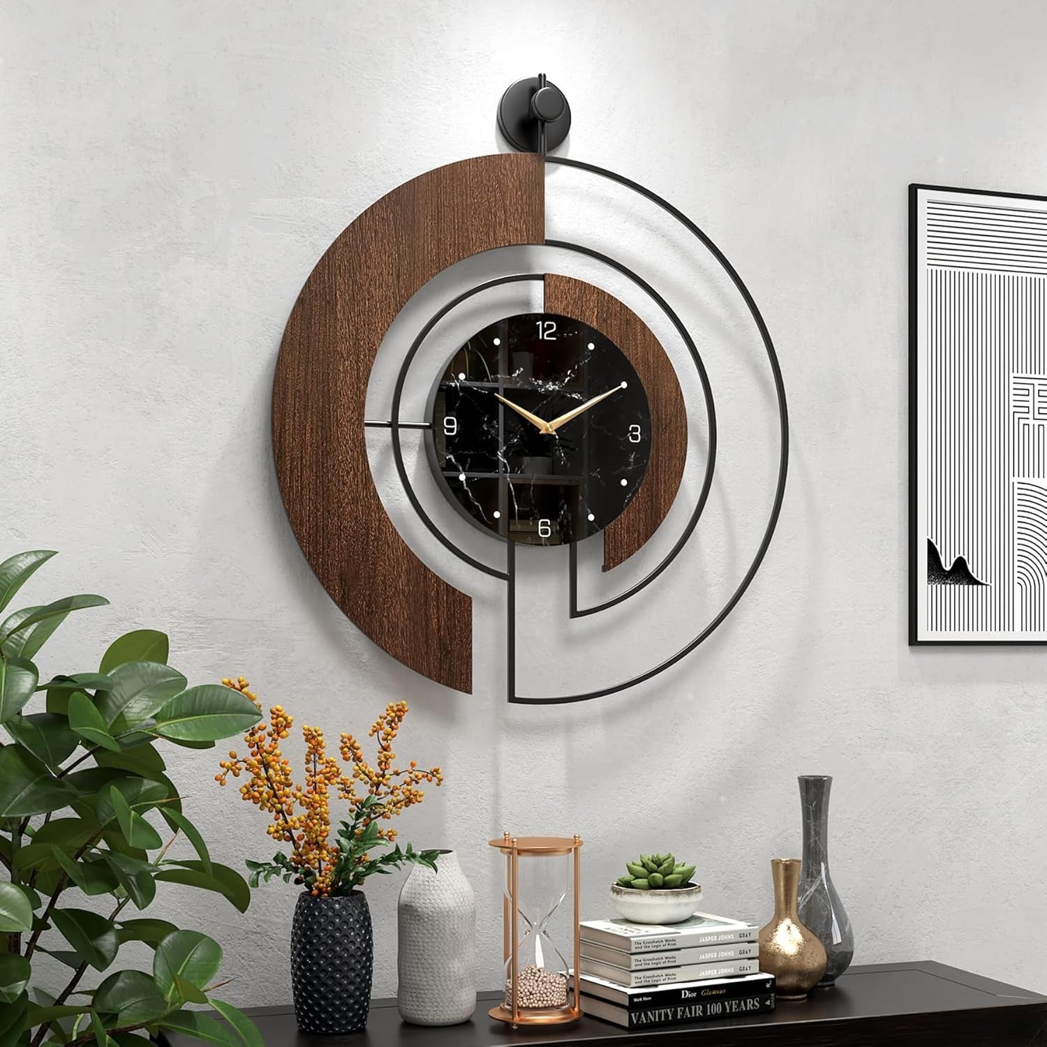 Modern Walnut Marble Dial Wall Clock Silent Non-Ticking Large 60cm Decor